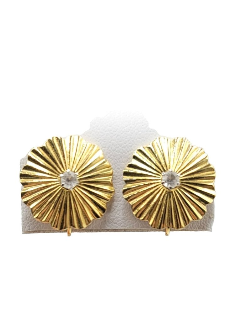 D'orlan Gold Tone Round Ridge Rhinestone Clip On Earrings, Signed